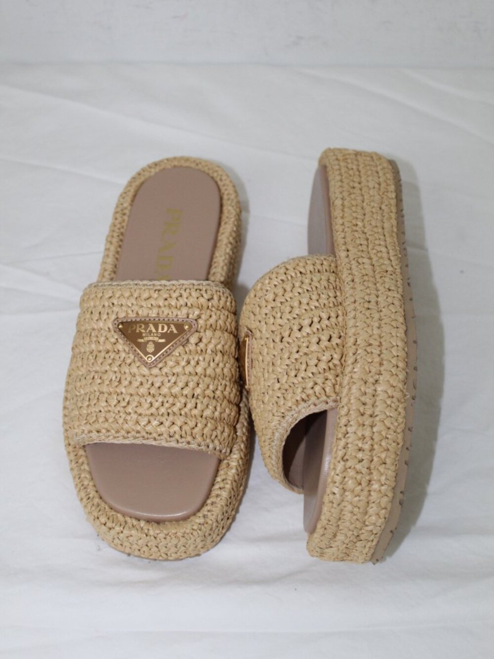 NWOB PRADA Raffia Single Band Platform Triangle Logo Sandals Slides Natural 37 - Picture 2 of 11